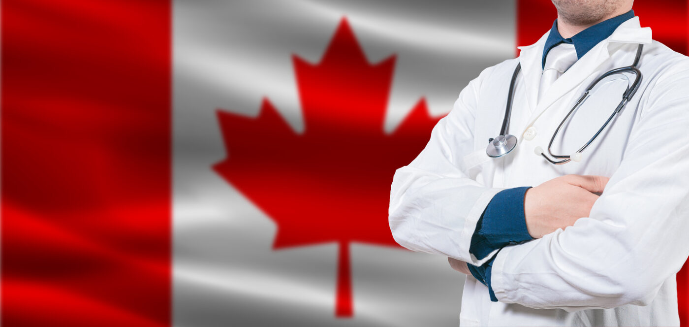 A doctor in a white coat with a stethoscope stands with arms crossed in front of a blurred Canadian flag. The image represents a Code WACK! podcast episode about Canada’s healthcare system, wait times, public health insurance and access to care.
